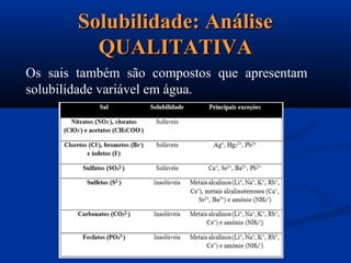 Solubilidade: AnáliseSolubilidade: Análise
QUALITATIVAQUALITATIVA
Os sais também são compostos que apresentam
solubilidade variável em água.
 
