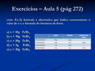 Exercícios – Aula 5 (pág 272)
cont. Ex.3) Assinale a alternativa que indica corretamente o
valor de x e a fórmula do brometo de ferro.
a) x = 10g FeBr4
b) x = 10g FeBr3
c) x = 20g FeBr2
d) x = 5g FeBr2
e) x = 30g FeBr3

 