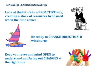Be ready to CHANGE DIRECTION, if
wind turns
Look at the future in a PROACTIVE way,
creating a stock of resources to be used
when the time comes
Keep your eyes and mind OPEN to
understand and bring out CHANGES at
the right time
MANAGER LEADING INNOVATION
 