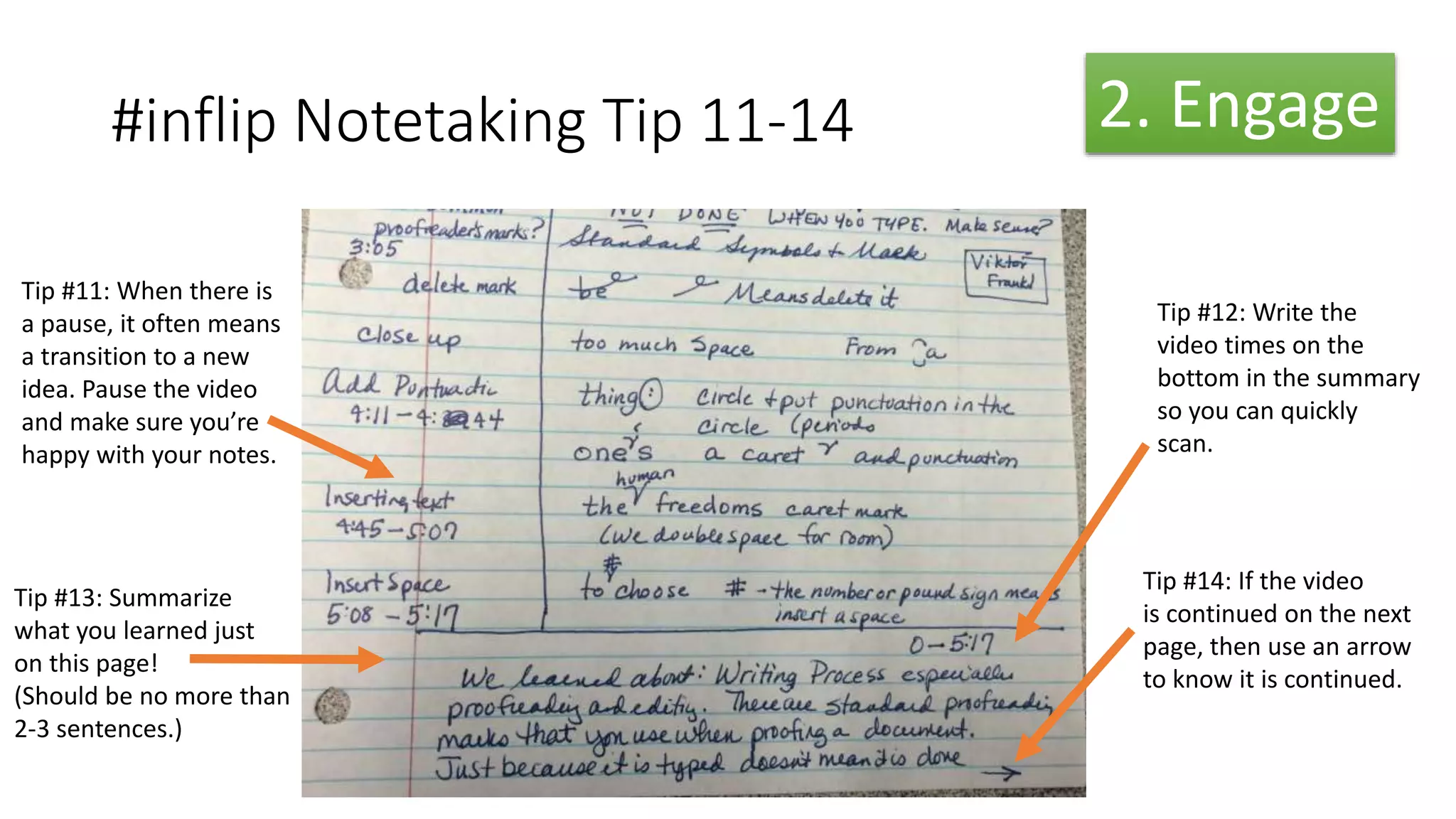 #inflip Notetaking Tip 11-14
Tip #13: Summarize
what you learned just
on this page!
(Should be no more than
2-3 sentences.)
Tip #12: Write the
video times on the
bottom in the summary
so you can quickly
scan.
Tip #14: If the video
is continued on the next
page, then use an arrow
to know it is continued.
2. Engage
Tip #11: When there is
a pause, it often means
a transition to a new
idea. Pause the video
and make sure you’re
happy with your notes.
 