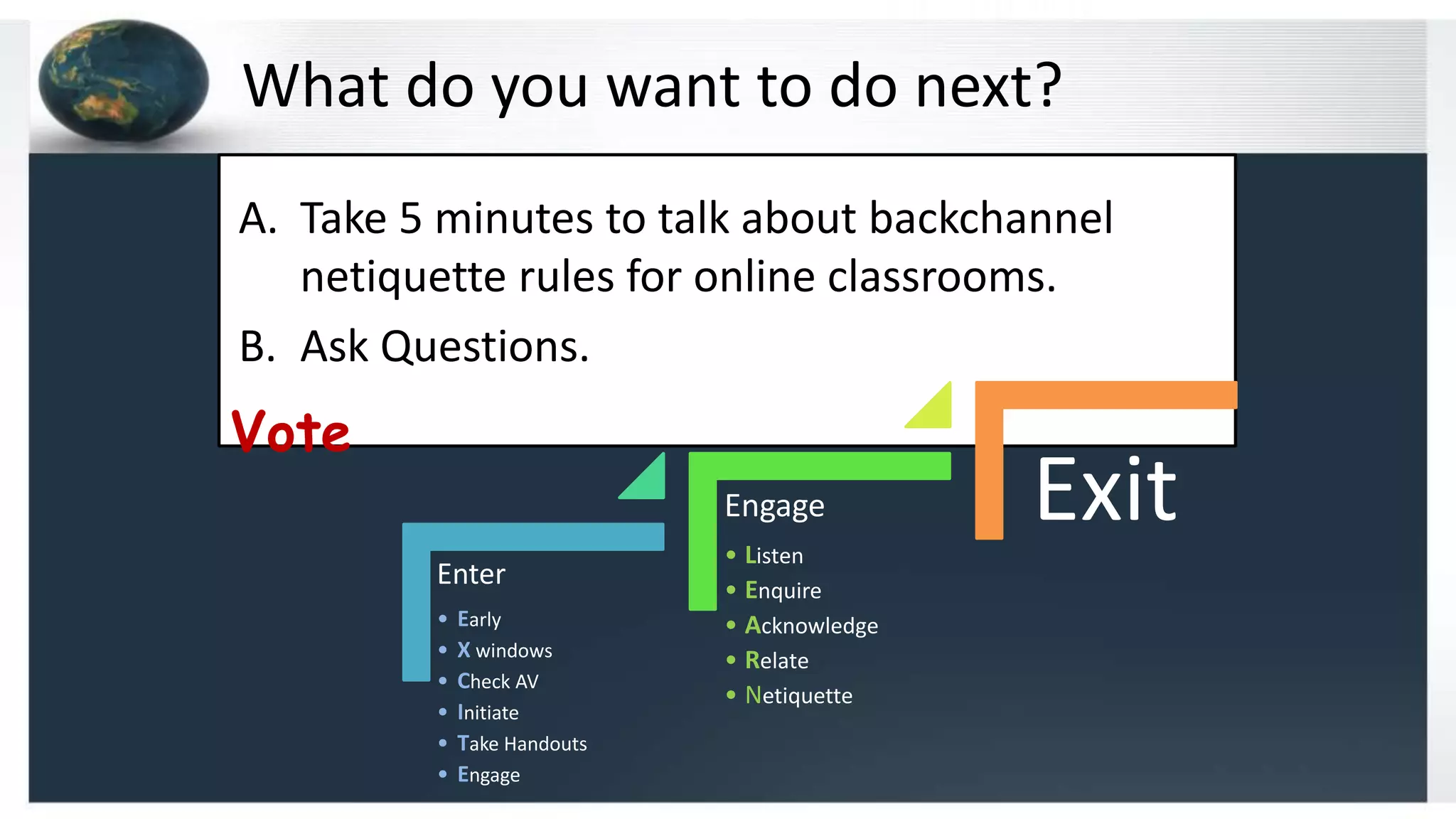 What do you want to do next?
Vote
A. Take 5 minutes to talk about backchannel
netiquette rules for online classrooms.
B. Ask Questions.
Enter
• Early
• X windows
• Check AV
• Initiate
• Take Handouts
• Engage
Engage
• Listen
• Enquire
• Acknowledge
• Relate
• Netiquette
Exit
 