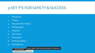 9 KEY P’S FOR SAFETY & SUCCESS
1. Passwords
2. Privacy
3. Personal Information
4. Photographs
5. Property
6. Permission
7. Protection
8. Professionalism
9. Permanence
Reinventing Schools
Learn More: ReinventingWriting: Chapter 13
Simple Steps to Online Learning
Part 2: Essential Tips
 