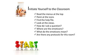 Initiate Yourself to the Classroom
 Read the menus at the top
 Point at the icons
 Find the help file.
 Look at the views.
 How do I ask a question?
 Where are the emoticons?
 What do the emoticons mean?
 Are there any protocols for this room?
 