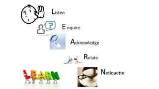 Listen
Enquire
Acknowledge
Relate
Netiquette
 