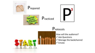 Prepared
Protocols
Practiced P3
How will the audience?
 Ask Questions
 Manage the backchannel
 Emote
 