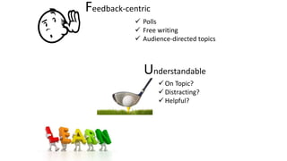 Feedback-centric
 Polls
 Free writing
 Audience-directed topics
Understandable
 On Topic?
 Distracting?
 Helpful?
 