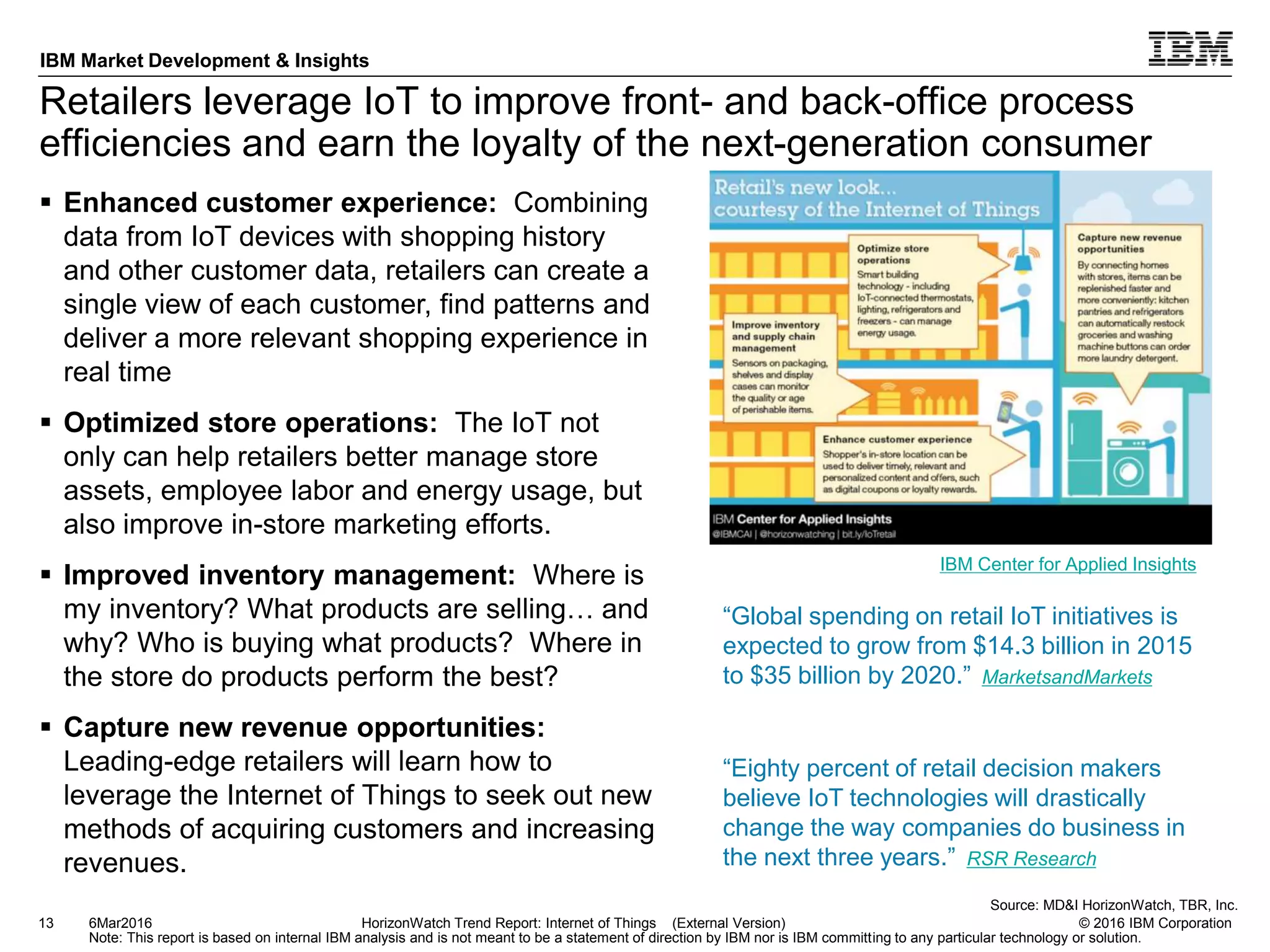 © 2016 IBM Corporation
IBM Market Development & Insights
Note: This report is based on internal IBM analysis and is not meant to be a statement of direction by IBM nor is IBM committing to any particular technology or solution.
Retailers leverage IoT to improve front- and back-office process
efficiencies and earn the loyalty of the next-generation consumer
 Enhanced customer experience: Combining
data from IoT devices with shopping history
and other customer data, retailers can create a
single view of each customer, find patterns and
deliver a more relevant shopping experience in
real time
 Optimized store operations: The IoT not
only can help retailers better manage store
assets, employee labor and energy usage, but
also improve in-store marketing efforts.
 Improved inventory management: Where is
my inventory? What products are selling… and
why? Who is buying what products? Where in
the store do products perform the best?
 Capture new revenue opportunities:
Leading-edge retailers will learn how to
leverage the Internet of Things to seek out new
methods of acquiring customers and increasing
revenues.
13 HorizonWatch Trend Report: Internet of Things (External Version)6Mar2016
Source: MD&I HorizonWatch, TBR, Inc.
IBM Center for Applied Insights
“Global spending on retail IoT initiatives is
expected to grow from $14.3 billion in 2015
to $35 billion by 2020.” MarketsandMarkets
“Eighty percent of retail decision makers
believe IoT technologies will drastically
change the way companies do business in
the next three years.” RSR Research
 