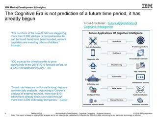 © 2016 IBM Corporation
IBM Market Development & Insights
Note: This report is based on internal IBM analysis and is not meant to be a statement of direction by IBM nor is IBM committing to any particular technology or solution.
The Cognitive Era is not prediction of a future time period, it has
already begun
4 04March2016 HorizonWatch Trend Report: Cognitive Computing (External Version)
Frost & Sullivan: Future Applications of
Cognitive Intelligence
“The numbers in the new AI field are staggering:
more than 2,300 startups (a comprehensive list
can be found here) have been founded; venture
capitalists are investing billions of dollars.”
Forrester
“Smart machines are not future fantasy; they are
commercially available. According to Gartner’s
analysis of external sources, more than $10
billion have already been purchased through
more than 2,500 technology companies.” Gartner
“IDC expects the overall market to grow
significantly in the 2015–2019 forecast period, at
a CAGR of approaching 35%.” IDC
 