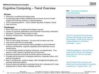 © 2016 IBM Corporation
IBM Market Development & Insights
Note: This report is based on internal IBM analysis and is not meant to be a statement of direction by IBM nor is IBM committing to any particular technology or solution.
Cognitive Computing – Trend Overview
5 04March2016 HorizonWatch Trend Report: Cognitive Computing (External Version)
Drivers
 Advances in enabling technology areas
 Increasingly large complex datasets that can be the source of major
insights and hold the answers to critical questions
 Third computing platform – Cloud, Mobile, Big Data, Analytics, Social
 Data economy
Challenges
 Much more work on enabling technologies required
 Impact on business applications and processes not yet fully understood
 Education / Concerns about impact on jobs
 Window of Opportunity: Partnerships / Ecosystems
Implications
 This is a technology that learns. Accuracy will increase over time.
 First movers will have an advantage.
 Cognitive systems and services will be available via cloud delivered
services and therefore, cognitive capability will be delivered via any
mobile device
 It is technology directed at helping individuals, not departments. Thus
expect a mass market to develop around consumers.
 Business processes and whole industries will be transformed.
 Changes will be required in employee workforce, corporate culture, and
partner ecosystems.
 New IT architectures, systems design, data management/analytics and
workload optimized systems.
 Scenario planning needed to understand long term implications for mass
displacement of white collar knowledge workers.
“Artificial Intelligence could automate
close to 50% of jobs in the Western
world within the next two decades.”
Frost & Sullivan
“By 2018, 40 percent of outsourced
services will leverage smart machine
technologies, rendering the offshore
model obsolete for competitive
advantage.” Gartner
“By 2018 half of all consumers will
interact with services based on cognitive
computing on a regular basis.” IDC
IBM: The Future of Cognitive
Computing (video)
 