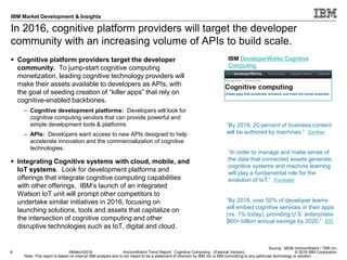 © 2016 IBM Corporation
IBM Market Development & Insights
Note: This report is based on internal IBM analysis and is not meant to be a statement of direction by IBM nor is IBM committing to any particular technology or solution.
In 2016, cognitive platform providers will target the developer
community with an increasing volume of APIs to build scale.
 Cognitive platform providers target the developer
community. To jump-start cognitive computing
monetization, leading cognitive technology providers will
make their assets available to developers as APIs, with
the goal of seeding creation of “killer apps” that rely on
cognitive-enabled backbones.
– Cognitive development platforms: Developers will look for
cognitive computing vendors that can provide powerful and
simple development tools & platforms
– APIs: Developers want access to new APIs designed to help
accelerate innovation and the commercialization of cognitive
technologies.
 Integrating Cognitive systems with cloud, mobile, and
IoT systems. Look for development platforms and
offerings that integrate cognitive computing capabilities
with other offerings. IBM’s launch of an integrated
Watson IoT unit will prompt other competitors to
undertake similar initiatives in 2016, focusing on
launching solutions, tools and assets that capitalize on
the intersection of cognitive computing and other
disruptive technologies such as IoT, digital and cloud.
6 04March2016 HorizonWatch Trend Report: Cognitive Computing (External Version)
Source: MD&I HorizonWatch / TBR Inc.,
IBM DeveloperWorks Cognitive
Computing
“By 2018, over 50% of developer teams
will embed cognitive services in their apps
(vs. 1% today), providing U.S. enterprises
$60+ billion annual savings by 2020.” IDC
“By 2018, 20 percent of business content
will be authored by machines.” Gartner
“In order to manage and make sense of
the data that connected assets generate,
cognitive systems and machine learning
will play a fundamental role for the
evolution of IoT.” Forrester
 