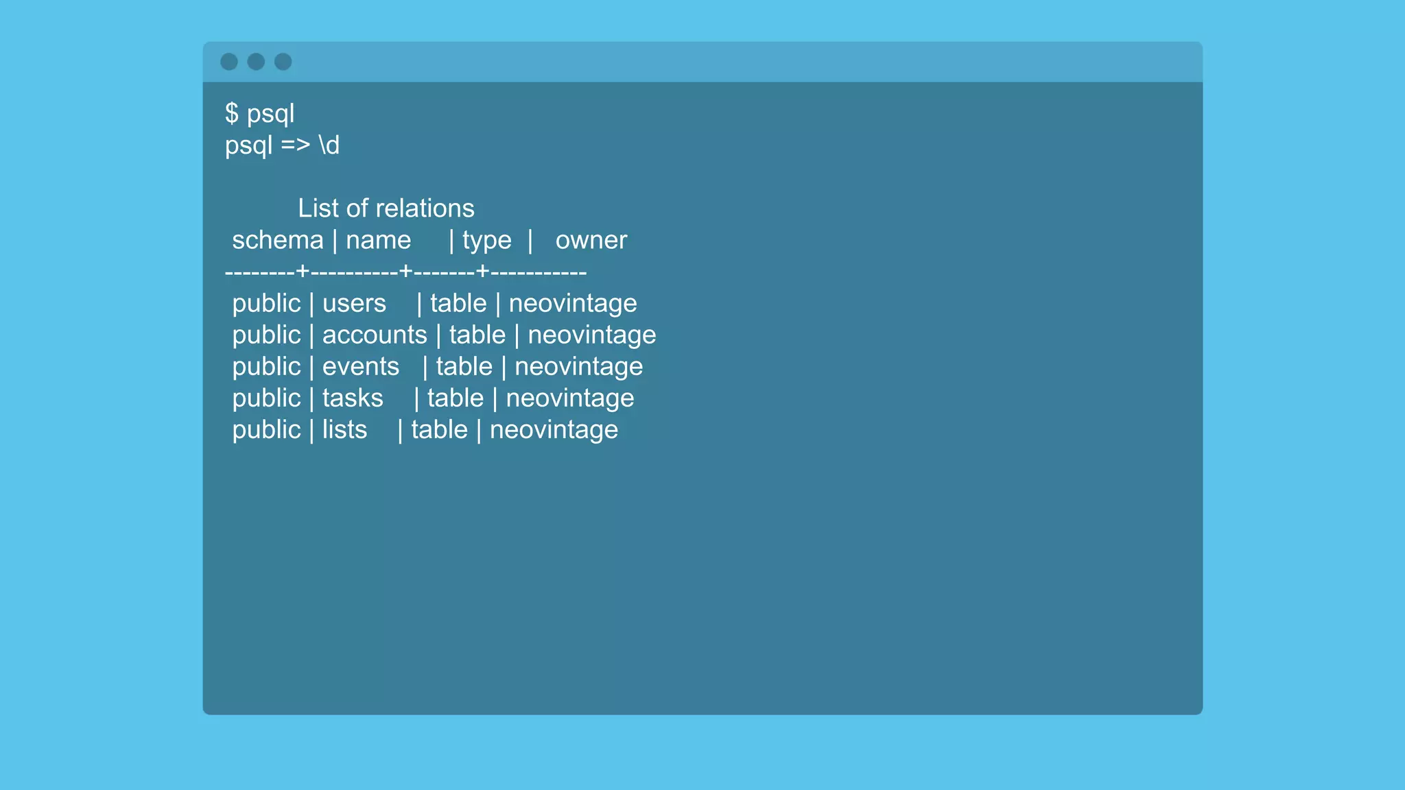 $ psql
psql => d
List of relations
schema | name | type | owner
--------+----------+-------+-----------
public | users | table | neovintage
public | accounts | table | neovintage
public | events | table | neovintage
public | tasks | table | neovintage
public | lists | table | neovintage
 