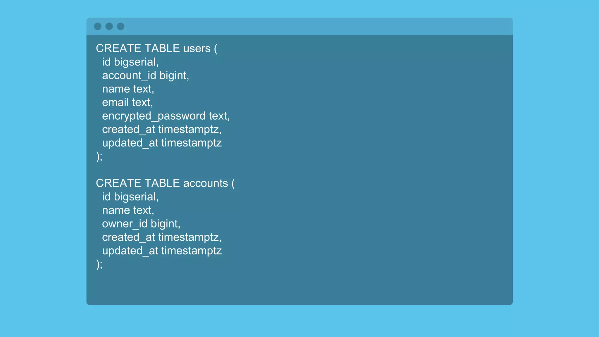 CREATE TABLE users (
id bigserial,
account_id bigint,
name text,
email text,
encrypted_password text,
created_at timestamptz,
updated_at timestamptz
);
CREATE TABLE accounts (
id bigserial,
name text,
owner_id bigint,
created_at timestamptz,
updated_at timestamptz
);
 