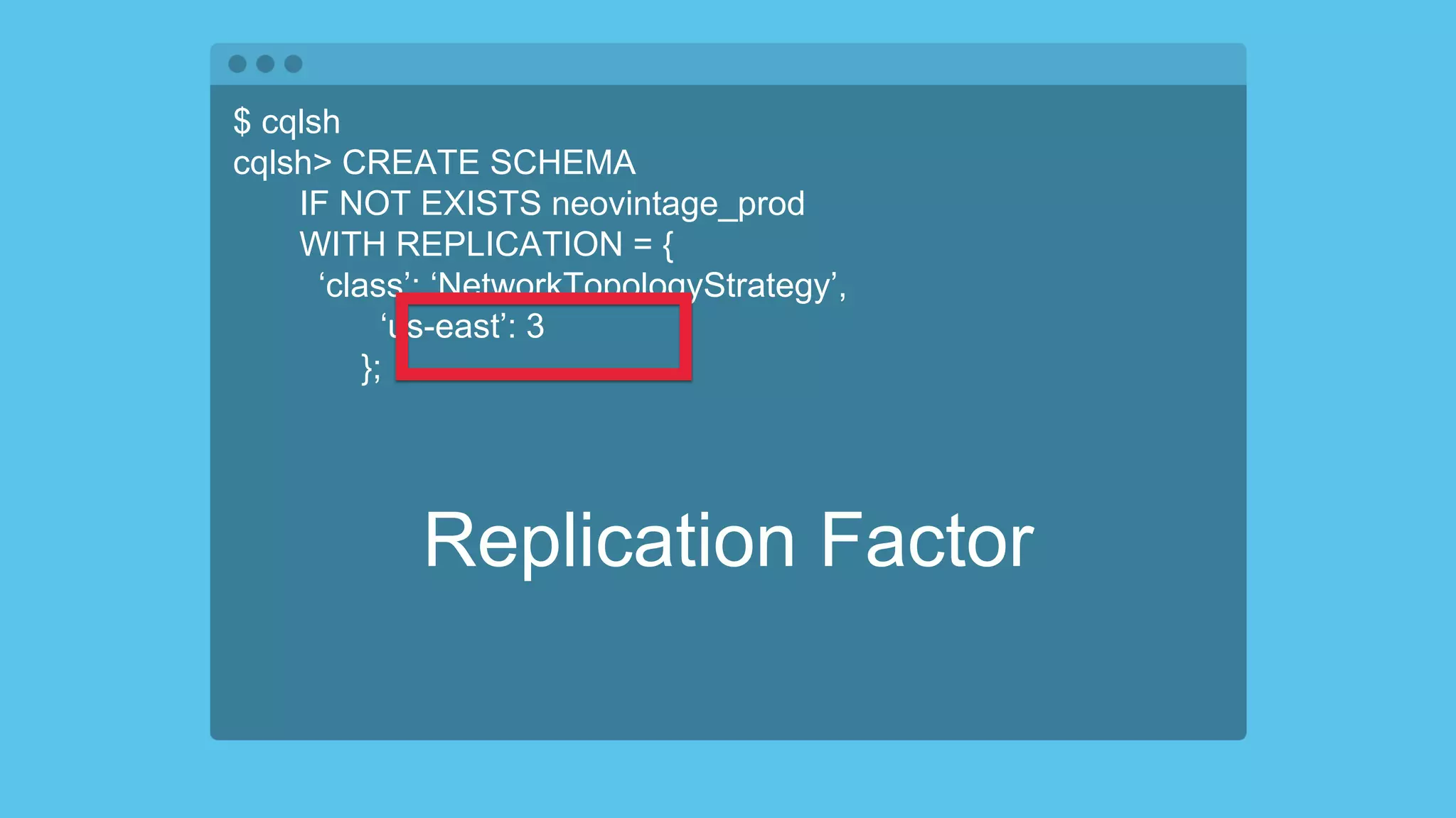 $ cqlsh
cqlsh> CREATE SCHEMA
IF NOT EXISTS neovintage_prod
WITH REPLICATION = {
‘class’: ‘NetworkTopologyStrategy’,
‘us-east’: 3
};
Replication Factor
 