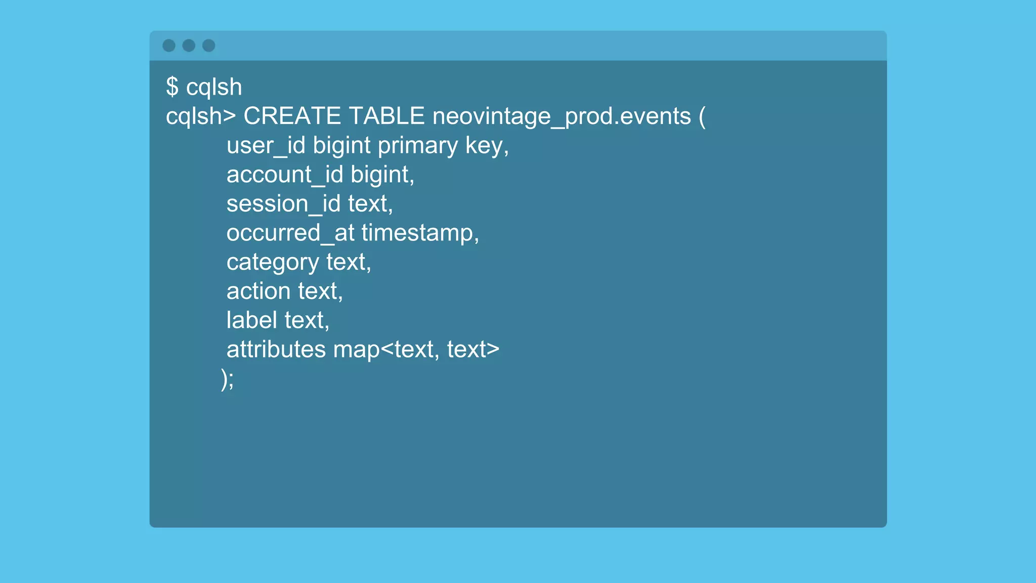$ cqlsh
cqlsh> CREATE TABLE neovintage_prod.events (
user_id bigint primary key,
account_id bigint,
session_id text,
occurred_at timestamp,
category text,
action text,
label text,
attributes map<text, text>
);
 