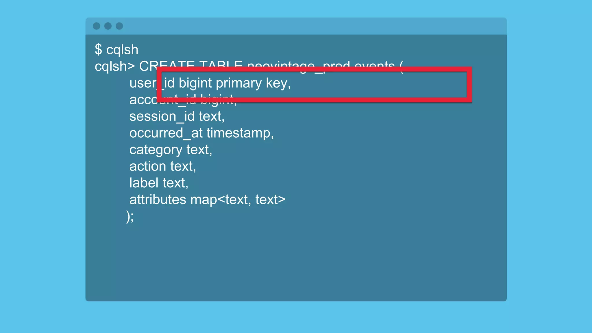 $ cqlsh
cqlsh> CREATE TABLE neovintage_prod.events (
user_id bigint primary key,
account_id bigint,
session_id text,
occurred_at timestamp,
category text,
action text,
label text,
attributes map<text, text>
);
 