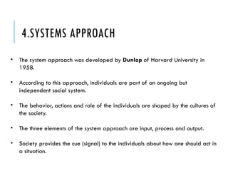 4.SYSTEMS APPROACH
• The system approach was developed by Dunlop of Harvard University in
1958.
• According to this approach, individuals are part of an ongoing but
independent social system.
• The behavior, actions and role of the individuals are shaped by the cultures of
the society.
• The three elements of the system approach are input, process and output.
• Society provides the cue (signal) to the individuals about how one should act in
a situation.
 