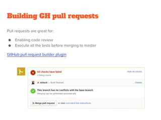 Building GH pull requests
Pull requests are great for:
● Enabling code review
● Execute all the tests before merging to master
GitHub pull request builder plugin
 
