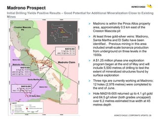 AGNICO EAGLE | CORPORATE UPDATE| 29
Madrono Prospect
Initial Drilling Yields Positive Results – Good Potential for Additional Mineralization Close to Existing
Mines
MAD16-004
1.3 g/t Au / 5.1 m
and 1.6 g/t Au / 2.1 m
MAD16-005
4.1 g/t Au / 6.2 m
Incl. 7.7 g/t Au / 2.7 m
MAD16-003
2.3 g/t Au / 4.4 m
and 2.4 g/t Au / 8.5 m
and 2.3 g/t Au / 2.1 m
 Madrono is within the Pinos Altos property
area, approximately 0.5 km east of the
Creston Mascota pit
 At least three gold-silver veins: Madrono,
Santa Martha and El Salto have been
identified . Previous mining in this area
included small-scale bonanza production
from underground on three levels in the
1930s
 A $1.25 million phase one exploration
program began at the end of May and will
include 5,500 metres of drilling to test the
extent of mineralized structures found by
surface exploration
 Three rigs are currently working at Madrono;
12 holes (2,978 metres) were completed to
the end of June.
 Hole MAD16-005 returned up to 4.1 g/t gold
and 64.5 g/t silver (both grades uncapped)
over 6.2 metres estimated true width at 45
metres depth
 
