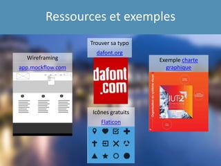 Ressources et exemples
app.mockflow.com
Wireframing
dafont.org
Exemple charte
graphique
Flaticon
Trouver sa typo
Icônes gratuits
 
