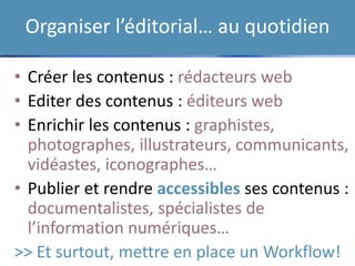 Organiser l’éditorial… au quotidien
• Créer les contenus : rédacteurs web
• Editer des contenus : éditeurs web
• Enrichir les contenus : graphistes,
photographes, illustrateurs, communicants,
vidéastes, iconographes…
• Publier et rendre trouvable ses contenus :
documentalistes, spécialistes de
l’information numériques…
>> Et surtout, mettre en place un Workflow!
• Créer les contenus : rédacteurs web
• Editer des contenus : éditeurs web
• Enrichir les contenus : graphistes,
photographes, illustrateurs, communicants,
vidéastes, iconographes…
• Publier et rendre accessibles ses contenus :
documentalistes, spécialistes de
l’information numériques…
>> Et surtout, mettre en place un Workflow!
 