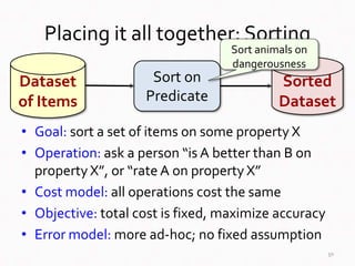 Placing it all together: Sorting
• Goal: sort a set of items on some property X
• Operation: ask a person “is A better tha...