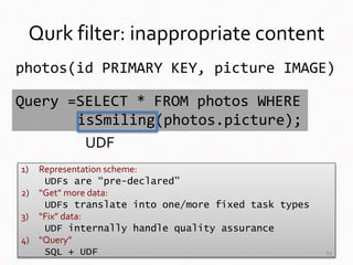 Qurk filter: inappropriate content
photos(id PRIMARY KEY, picture IMAGE)
Query =SELECT * FROM photos WHERE
isSmiling(photo...