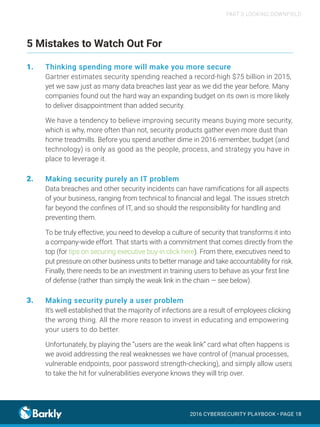 2016 CYBERSECURITY PLAYBOOK • PAGE 18
PART 3: LOOKING DOWNFIELD
5 Mistakes to Watch Out For
Thinking spending more will ma...