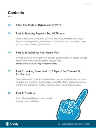 2016 CYBERSECURITY PLAYBOOK • PAGE 2
CONTENTS
Intro: The State of Cybersecurity 2016
Part 1: Scouting Report – Top 10 Thre...