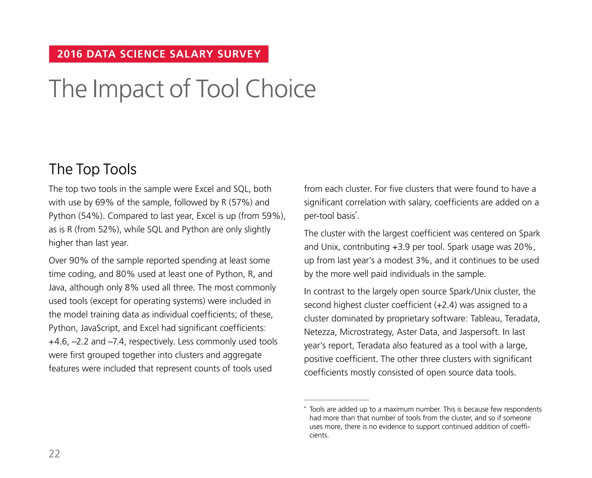 2016 DATA SCIENCE SALARY SURVEY
The Top Tools
The top two tools in the sample were Excel and SQL, both
with use by 69% of the sample, followed by R (57%) and
Python (54%). Compared to last year, Excel is up (from 59%),
as is R (from 52%), while SQL and Python are only slightly
higher than last year.
Over 90% of the sample reported spending at least some
time coding, and 80% used at least one of Python, R, and
Java, although only 8% used all three. The most commonly
used tools (except for operating systems) were included in
the model training data as individual coefficients; of these,
Python, JavaScript, and Excel had significant coefficients:
+4.6, –2.2 and –7.4, respectively. Less commonly used tools
were first grouped together into clusters and aggregate
features were included that represent counts of tools used
The Impact of Tool Choice
from each cluster. For five clusters that were found to have a
significant correlation with salary, coefficients are added on a
per-tool basis*
.
The cluster with the largest coefficient was centered on Spark
and Unix, contributing +3.9 per tool. Spark usage was 20%,
up from last year’s a modest 3%, and it continues to be used
by the more well paid individuals in the sample.
In contrast to the largely open source Spark/Unix cluster, the
second highest cluster coefficient (+2.4) was assigned to a
cluster dominated by proprietary software: Tableau, Teradata,
Netezza, Microstrategy, Aster Data, and Jaspersoft. In last
year’s report, Teradata also featured as a tool with a large,
positive coefficient. The other three clusters with significant
coefficients mostly consisted of open source data tools.
*	 Tools are added up to a maximum number. This is because few respondents
had more than that number of tools from the cluster, and so if someone
uses more, there is no evidence to support continued addition of coeffi-
cients.
22
 