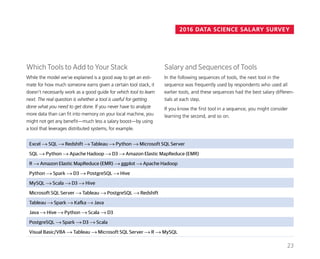 2016 DATA SCIENCE SALARY SURVEY
Salary and Sequences of Tools
In the following sequences of tools, the next tool in the
sequence was frequently used by respondents who used all
earlier tools, and these sequences had the best salary differen-
tials at each step.
If you know the first tool in a sequence, you might consider
learning the second, and so on.
Which Tools to Add to Your Stack
While the model we’ve explained is a good way to get an esti-
mate for how much someone earns given a certain tool stack, it
doesn’t necessarily work as a good guide for which tool to learn
next. The real question is whether a tool is useful for getting
done what you need to get done. If you never have to analyze
more data than can fit into memory on your local machine, you
might not get any benefit—much less a salary boost—by using
a tool that leverages distributed systems, for example.
Excel → SQL → Redshift → Tableau → Python → Microsoft SQL Server
SQL → Python → Apache Hadoop → D3 → Amazon Elastic MapReduce (EMR)
R → Amazon Elastic MapReduce (EMR) → ggplot → Apache Hadoop
Python → Spark → D3 → PostgreSQL → Hive
MySQL → Scala → D3 → Hive
Microsoft SQL Server → Tableau → PostgreSQL → Redshift
Tableau → Spark → Kafka → Java
Java → Hive → Python → Scala → D3
PostgreSQL → Spark → D3 → Scala
Visual Basic/VBA → Tableau → Microsoft SQL Server → R → MySQL
23
 