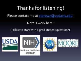 Thanks for listening!
Please contact me at ctbrown@ucdavis.edu!
Note: I work here!
(I’d like to start with a grad student ...