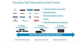 Dell - Internal Use - Confidential
C-Series
Aggregation Systems
Z-Series
Distributed Core Systems
S-Series
TOR/Access Systems
Dell Networking Operating System
Open Architectures Open Automation Open Ecosystems
 + 24 mil clientes no mundo
 Web 2.0, Portal
 Os maiores Data Centers
 Cloud
 High Performance Computing
Soluções Dell Networking Data Center
 