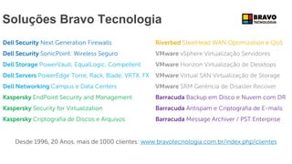 Dell - Internal Use - Confidential
Dell Security Next Generation Firewalls
Dell Security SonicPoint: Wireless Seguro
Dell Storage PowerVault, EqualLogic, Compellent
Dell Servers PowerEdge Torre, Rack, Blade, VRTX, FX
Dell Networking Campus e Data Centers
Kaspersky EndPoint Security and Management
Kaspersky Security for Virtualization
Kaspersky Criptografia de Discos e Arquivos
Soluções Bravo Tecnologia
Desde 1996, 20 Anos, mais de 1000 clientes: www.bravotecnologia.com.br/index.php/clientes
Riverbed SteelHead WAN Optimization e QoS
VMware vSphere Virtualização Servidores
VMware Horizon Virtualização de Desktops
VMware Virtual SAN Virtualização de Storage
VMware SRM Gerência de Disaster Recover
Barracuda Backup em Disco e Nuvem com DR
Barracuda Antispam e Criptografia de E-mails
Barracuda Message Archiver / PST Enterprise
 