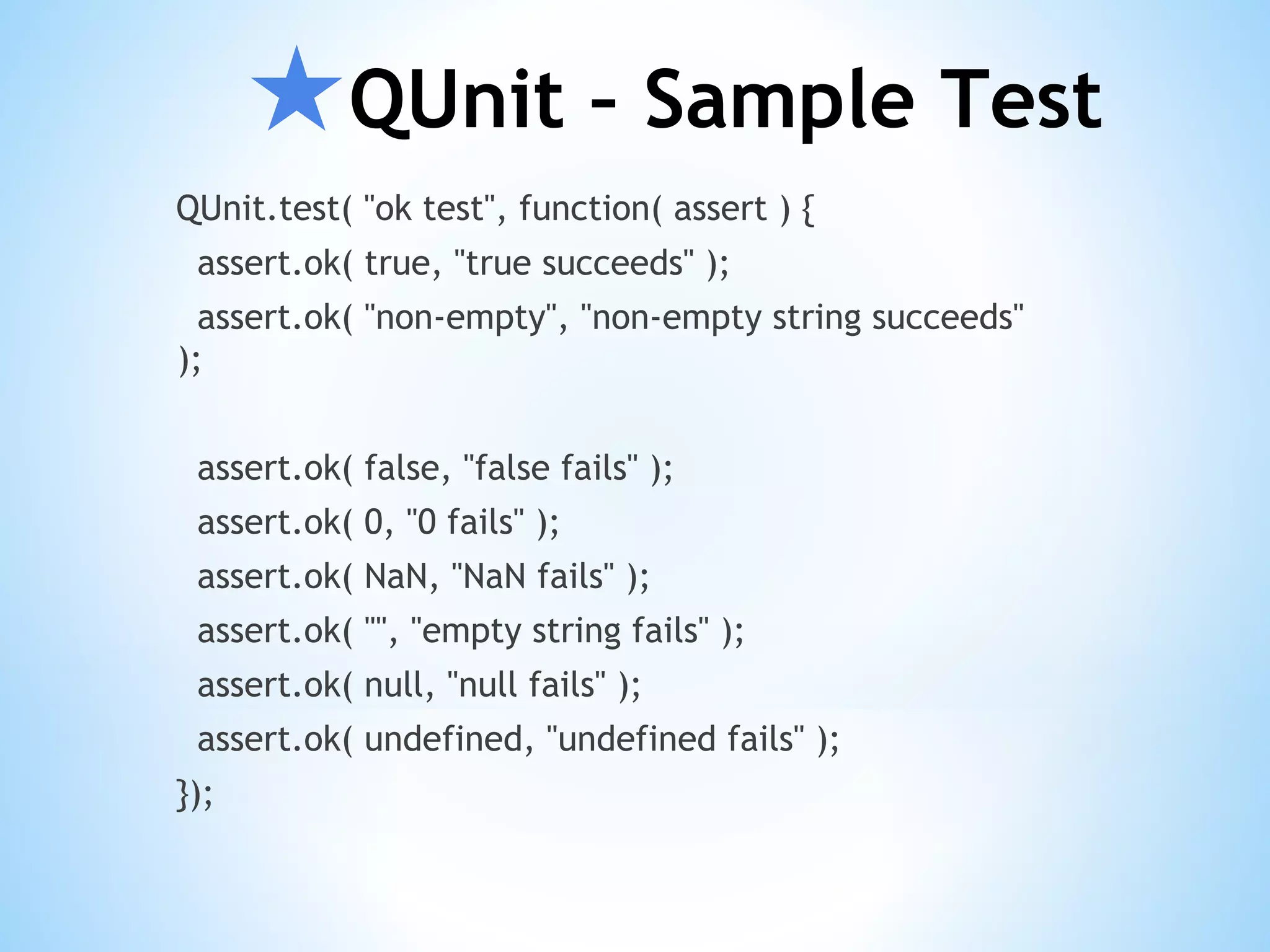 ★QUnit – Sample Test QUnit.test( "ok test", function( assert ) { assert.ok( true, "true succeeds" ); assert.ok( "non-empty", "non-empty string succeeds" ); assert.ok( false, "false fails" ); assert.ok( 0, "0 fails" ); assert.ok( NaN, "NaN fails" ); assert.ok( "", "empty string fails" ); assert.ok( null, "null fails" ); assert.ok( undefined, "undefined fails" ); }); 