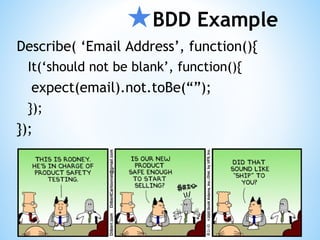 ★BDD Example
Describe( ‘Email Address’, function(){
It(‘should not be blank’, function(){
expect(email).not.toBe(“”);
});
});
 