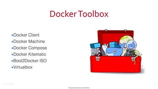 ©2016	
  Couchbase	
  Inc.
Docker	
  Toolbox
▪Docker Client
▪Docker Machine
▪Docker Compose
▪Docker Kitematic
▪Boot2Docker ISO
▪Virtualbox
16
https://www.docker.com/toolbox
 