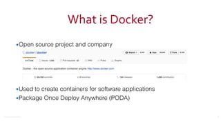 ©2016	
  Couchbase	
  Inc.
What	
  is	
  Docker?
▪Open source project and company 
 
 
 
 
▪Used to create containers for software applications
▪Package Once Deploy Anywhere (PODA)
3
 
