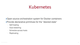 ©2016	
  Couchbase	
  Inc.
Kubernetes
▪Open source orchestration system for Docker containers
▪Provide declarative primitives for the “desired state”
– Self-healing
– Auto-restarting
– Schedule across hosts
– Replicating
45
 