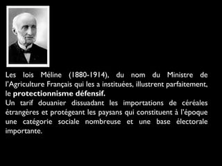 Les lois Méline (1880-1914), du nom du Ministre de
l’Agriculture Français qui les a instituées, illustrent parfaitement,
le protectionnisme défensif.
Un tarif douanier dissuadant les importations de céréales
étrangères et protégeant les paysans qui constituent à l’époque
une catégorie sociale nombreuse et une base électorale
importante.
 