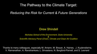 The Pathway to the Climate Target:
Reducing the Risk for Current & Future Generations
Thanks to many colleagues, especially M. Amann, M. Brauer, A. Haines, J. Kuylenstierna,
V. Ramanathan, A. Ravishankara, L. Srivastava, N. Borgford-Parnell, and S. Leonard
Drew Shindell
Nicholas School of the Environment, Duke University
&
Scientific Advisory Panel (Chair), Climate and Clean Air Coalition
 