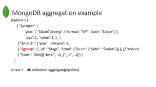 MongoDB aggregation example
pipeline = [
{ "$project": {
'year': { "$dateToString": { 'format': "%Y", 'date': "$date" } },
'tags': 1, 'value': 1, }, },
{ "$match": { 'year': str(year) }},
{ "$group": {"_id": "$tags", "total": {"$sum": {"$abs": "$value"}}} }, // ‘reduce’
{ "$sort": SON([("total", -1), ("_id", -1)]) }
]
cursor = db.collection.aggregate(pipeline)
 