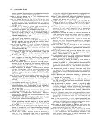 osseous integrated dental implants in microvascular mandibular
reconstruction. J Craniomaxillofac Surg 26:75–83.
Cannon TY, Strub GM, Yawn RJ, Day TA. 2012. Oromandibular recon-
struction. Clin Anat 25:108–119.
Chang YM, Wallace CG, Hsu YM, Chen YF, Tsai CY, Wei FC. 2014.
Outcome of osseointegrated dental implants in double-barrel and
vertically distracted ﬁbula osteoseptocutaneous free ﬂaps for
segmental mandibular defect reconstruction. Plast Reconstr Surg
134:1033–1043.
Cordeiro PG, Disa JJ, Hidalgo DA, Hu QY. 1999. Reconstruction of
the mandible with osseous free ﬂaps: A 10-year experience with
150 consecutive patients. Plast Reconstr Surg 104:1314–1320.
Curtis DA, Plesh O, Miller AJ, Curtis TA, Sharma A, Schweitzer R,
Hilsinger RL, Schour L, Singer M. 1997. A comparison of mastica-
tory function in patients with or without reconstruction of the
mandible. Head Neck 19:287–296.
Disa JJ, Cordeiro PG. 2000. Mandible reconstruction with microvas-
cular surgery. Semin Surg Oncol 19:226–234.
Eckardt A, Meyer A, Laas U, Hausamen JE. 2007. Reconstruction of
defects in the head and neck with free ﬂaps: 20 years experi-
ence. Br J Oral Maxillofac Surg 45:11–15.
Frodel JL, Funk GF, Capper DT, Fridrich KL, Blumer JR, Haller JR,
Hoffman HT. 1993. Osseointegrated implants: A comparative
study of bone thickness in four vascularized bone ﬂaps. Plast
Reconstr Surg 92:449–455.
Gerressen M, Pastaschek C, Riediger D, Hilgers RD, H€olzle F, Noroozi
N, Ghassemi A. 2013. Free Flap Reconstructions of Head and
Neck Region in 406 Cases: A 13-Year Experience. J Oral Maxillo-
fac Surg 71:628–635.
Ghassemi A, Ghassemi M, Riediger D, Hilgers RD, Gerressen M.
2009. Comparison of donor-site Engraftment after harvesting
vascularized and nonvascularized iliac bone grafts. J Oral Maxillo-
fac Surg 67:1589–1594.
Ghassemi A, Furkert R, Prescher A, Riediger D, Knobe M, Odey D.,
Gerressen M, 2013a. Variants of the supplying vessels of the
vascularized iliac bone graft and their relationship to important
surgical landmarks. Clin Anat 26:509–521.
Ghassemi A, Ghassemi M, Modabber A, Knobe M, Fritz U, Riediger
D, Hilgers RD, Gerressen M. 2013b. Functional long-term results
after the harvest of vascularised iliac bone grafts bicortically with
the anterior superior iliac spine included. Br J Oral Maxillofac
Surg 51:47–50.
G€urlek A, Miller MJ, Jacob RF, Lively JA, Schusterman MA. 1998.
Functional results of dental restoration with osseointegrated
implants after mandible reconstruction. Plast Reconstr Surg 101:
650–655.
Gurtner GC, Evans GR. 2000. Advances in head and neck recon-
struction. Plast Reconstr Surg 106:672–682.
Khamanarong K, Kosuwon W, Sirichativapee W, Saejung S,
Thepsuthammarat K. 2005. Thicknesses of the Iliac Crest Appro-
priate for Anterior Cervical Interbody Fusion Grafts. J Med Assoc
Thai 88:1892–1895.
Manchester WM. 1965. Immediate reconstruction of the mandible
and temporomandibular joint. Br J Plast Surg 18:291–303.
Manchester WM. 1972. Some technical improvements in the recon-
struction of the mandible and temporomandibular joint. Plast
Reconstr Surg 50:249–256.
Miles BA, Goldstein DP, Gilbert RW, Gullane PJ. 2010. Mandible
reconstruction. Otolaryngol Head Neck Surg 18:317–322.
Mochizuki Y, Matsushima E, Omura K. 2009. Perioperative assess-
ment of psychological state and quality of life of head and neck
cancer patients undergoing surgery. Int J Oral Maxillofac Surg
38:151–159.
Modabber A, Gerressen M, Stiller M, Noroozi N, F€uglein A, H€olzle F,
Riediger D, Ghassemi A. 2012. Computer-assisted mandibular
reconstruction with vascularized iliac crest bone graft. Aesthetic
Plast Surg 36:653–659.
Moscoso JF, Keller J, Genden E, Weinberg H, Biller HF, Buchbinder D,
Urken ML. 1994. Vascularized bone ﬂaps in oromandibular
reconstruction. A comparative anatomic study of bone stock
from various donor sites to assess suitability for enosseous den-
tal implants. Arch Otolaryngol Head Neck Surg 120:36–43.
Riediger D. 1988. Restoration of masticatory function by microsurgi-
cally revascularized iliac crest bone grafts using enosseous
implants. Plast Reconst Surg 81:861–877.
Rogers SN, Humphris G, Lowe D, Brown JS, Vaughan ED. 1998. The
impact of surgery for oral cancer on quality of life as measured
by the Medical Outcomes Short Form 36. Oral Oncol 34:171–
179.
Schliephake H, Schmelzeisen R, Sch€onweiler R, Schneller T,
Altenbernd C. 1998. Speech, deglutition and life quality after
intraoral tumor resection. A prospective study. Int J Oral Maxillo-
fac Surg 27:99–105.
Schmelzeisen R, Neukam FW, Shirota T, Specht B, Wichmann M.
1996. Postoperative function after implant insertion in vascular-
ized bone grafts in maxilla and mandible. Plast Reconstr Surg
97:719–725.
Schwarz DA, Jamali AM, Kakwan MS, Fregene A, Arman KG,
Buchman SR. 2009. Biomechanical assessment of regenerate
integrity in irradiated mandibular distraction osteogenesis. Plast
Reconstr Surg 123:114–122.
Shen Y, Guo X, Sun J, Li J, Shi J, Huang W, Ow A. 2013. Double-bar-
rel vascularised ﬁbula graft in mandibular reconstruction: A 10-
year experience with an algorithm. J Plast Reconstr Aesthet Surg
66:364–371.
Shimizu T, Ohno K, Matsuura M, Segawa K, Michi K. 2002. An ana-
tomical study of vascularized iliac bone grafts for dental implan-
tation. J Craniomaxillofac Surg 30:184–188.
Siciliano S, Lengele B, Reychler H. 1998. Distraction osteogenesis of
a ﬁbula free ﬂap used for mandibular reconstruction: Preliminary
report. J Craniomaxillofac Surg 26:386–390.
S€onmez TT, Prescher A, Salama A, Kanatas A, Zor F, Mitchell D,
Zaker Shahrak A, Karaaltin MV, Knobe M, K€ulahci Y, Altuntas SH,
Ghassemi A, H€olzle F. 2013. Comparative clinicoanatomical study
of ilium and ﬁbula as two commonly used bony donor sides for
maxillofacial reconstruction. Br J Oral Maxillofac Surg 51:736–
741.
Ting JW, Rozen WM, Grinsell D, Stella DL, Ashton MW. 2009. The in
vivo anatomy of the deep circumﬂex iliac artery perforators:
Deﬁning the role for the DCIA perforator ﬂap. Microsurgery 29:
326–329.
Torroni A, Marianetti TM, Romandini M, Gasparini G, Cervelli D, Pelo
S. 2015. Mandibular reconstruction with different techniques.
J Craniofac Surg 26:885–890.
Urken ML, Cheney ML, Sullivan MJ, Biller HF. 1995. Atlas of Regional
and Free Flaps for Head and Neck Reconstruction. New York:
Raven Press. p 1–379.
Urken ML, Buchbinder D, Weinberg H, Vickery C, Shreiner A, Parker
R, Schaefer J, Som P, Shapiro A, Lawson W, Biller HF. 2015.
Functional evaluation following microvascular oromandibular
reconstruction of the oral cancer patient: A comparative study of
reconstructed and nonreconstructed patients. Laryngoscope
125:1512.
Villaret AB, Cappiello J, Piazza C, Pedruzzi B, Nicolai P. 2008. Quality
of life in patients treated for cancer of the oral cavity requiring
reconstruction: A prospective study. Acta Otorhinolaryngol Ital
28:120–125.
Wang JJ, Chen J, Ping FY, Yan FG. 2012. Double-step transport dis-
traction osteogenesis in the reconstruction of unilateral large
mandibular defects after tumour resection using internal distrac-
tion devices. Int J Oral Maxillofac Surg 41:587–595.
Wu YQ, Huang W, Zhang ZY, Zhang ZY, Zhang CP, Sun J. 2008. Clini-
cal outcome of dental implants placed in ﬁbula-free ﬂaps for oro-
facial reconstruction. Chin Med J 121:1861–1865.
Zaker Shahrak A, Zor F, Kanatas A, Acikel C, Sapountzis S, Nicoli F,
Altuntas SH, Knobe M, Chen HC, Prescher A, H€olzle F, S€onmez
TT. 2014. Morphological and morphometric evaluation of the
ilium, ﬁbula and scapula bones for oral and maxillofacial recon-
struction. Microsurgery 34:638–645.
778 Ghassemi et al.
 