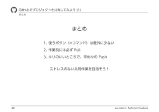 excode Inc. Toshimichi Suekane
ޤȤ
ҾٱܲǥץȤФƤߤ褦 (1)
48
1. ʹܥ=ޥɣ٤ʤ
2. Iǰˤϱؤ Pull
3. ΤȤǡᡩ Push
ȥ쥹ΤʤͬIĿָ
ޤȤ
 