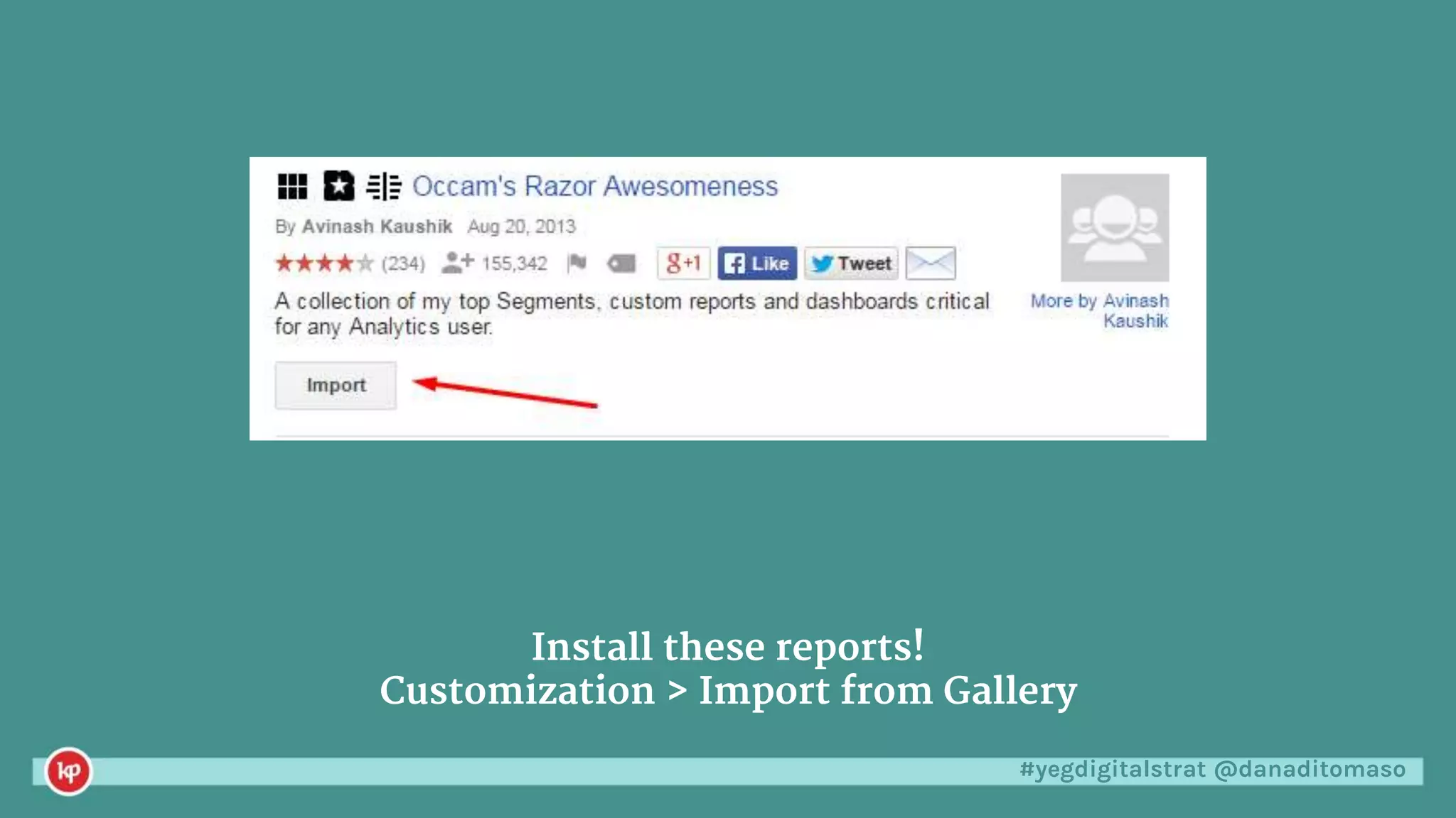 #yegdigitalstrat @danaditomaso
Install these reports!
Customization > Import from Gallery
 