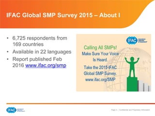 Page 2 | Confidential and Proprietary Information
IFAC Global SMP Survey 2015 – About I
• 6,725 respondents from
169 countries
• Available in 22 languages
• Report published Feb
2016 www.ifac.org/smp
 