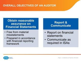Page 2 | Confidential and Proprietary Information
OVERALL OBJECTIVES OF AN AUDITOR
Obtain reasonable
assurance on
Financial Statements
• Free from material
misstatements
• Prepared in accordance
with financial reporting
framework
Report &
Communicate
• Report on financial
statements
• Communicate as
required in ISAs
 