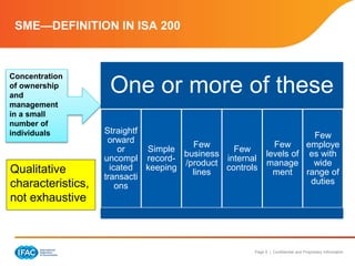 Page 9 | Confidential and Proprietary Information
SME—DEFINITION IN ISA 200
One or more of these
Straightf
orward
or
uncompl
icated
transacti
ons
Simple
record-
keeping
Few
business
/product
lines
Few
internal
controls
Few
levels of
manage
ment
Few
employe
es with
wide
range of
duties
Concentration
of ownership
and
management
in a small
number of
individuals
Qualitative
characteristics,
not exhaustive
 
