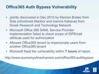 Office365 Auth Bypass Vulnerability
• Jointly discovered in Dec 2015 by Klemen Bratec from
Šola prihodnosti Maribor and Ioannis Kakavas from
Greek Research and Technology Network
• Microsoft Office 365 SAML Service Provider
implementation failed to check scope of IDPEmail
attribute used for authorization
• Allowed Office365 tenant to impersonate users from
another Office365 tenant
• Microsoft fixed the vulnerability within 7 hours of report
http://www.economyofmechanism.com/office365-authbypass
 