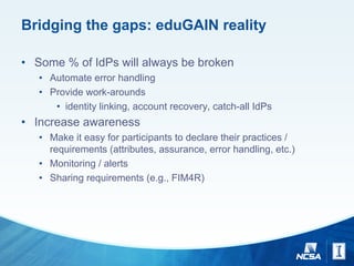 Bridging the gaps: eduGAIN reality
• Some % of IdPs will always be broken
• Automate error handling
• Provide work-arounds
• identity linking, account recovery, catch-all IdPs
• Increase awareness
• Make it easy for participants to declare their practices /
requirements (attributes, assurance, error handling, etc.)
• Monitoring / alerts
• Sharing requirements (e.g., FIM4R)
 