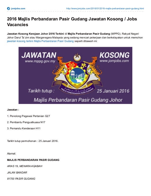 Jawatan Kosong Majlis Perbandaran Pasir Gudang Johor 2016.